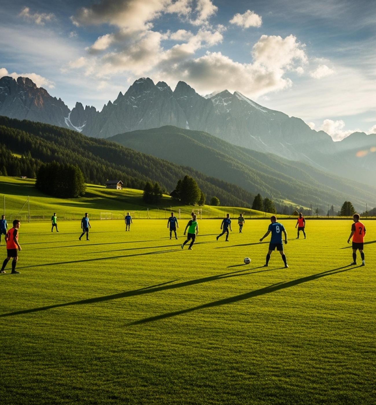 Soccer match on a green field with mountains in the background
