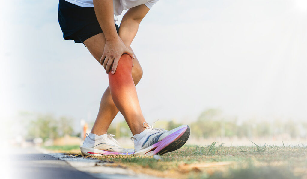 Runner with highlighted knee joint indicating recovery support, side view