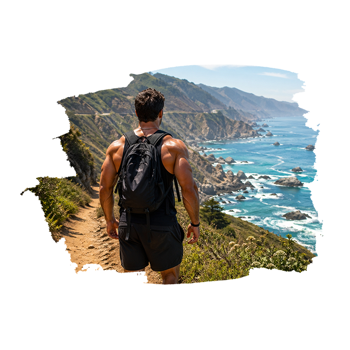 Hiker with backpack overlooking ocean cliffs, back view