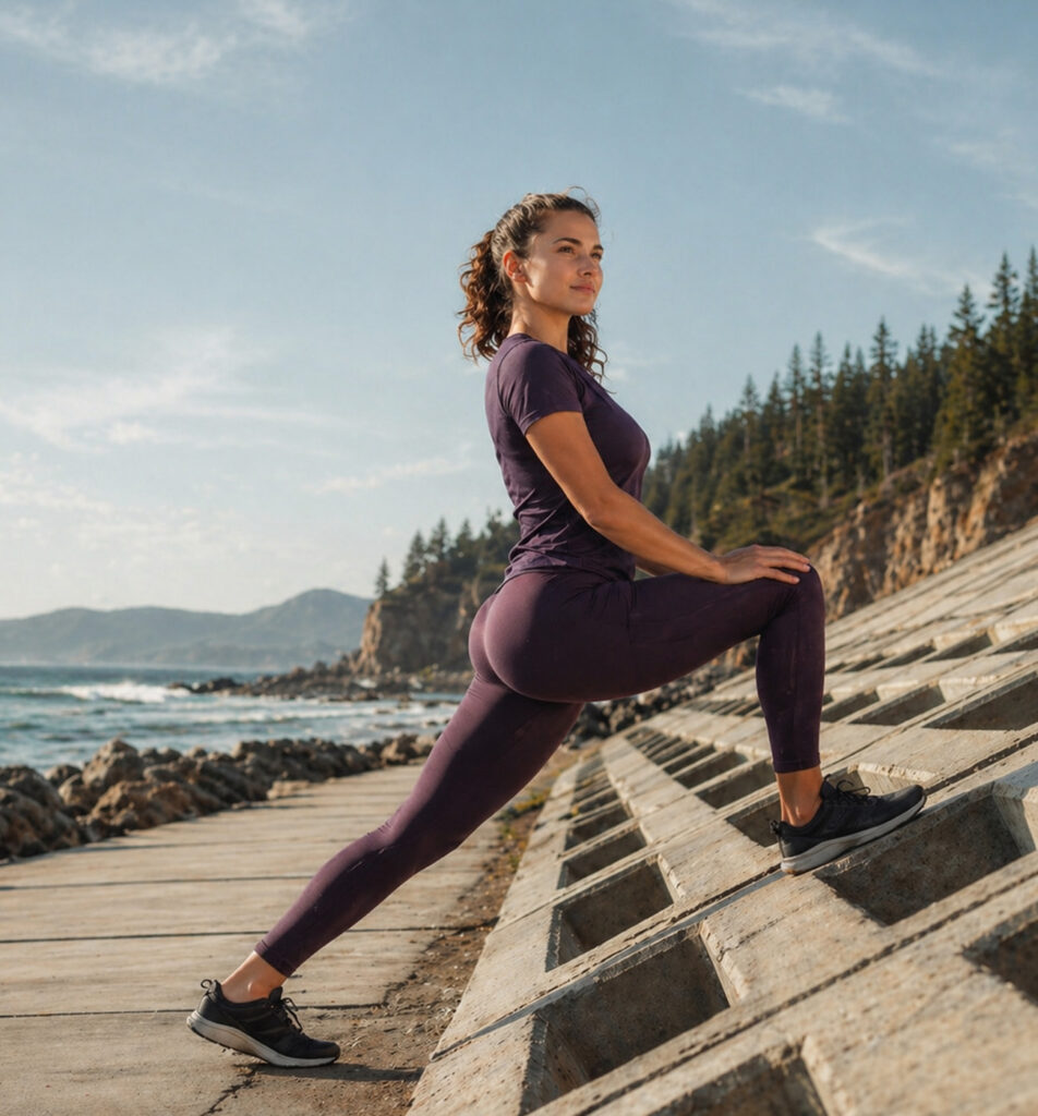 Woman stretching leg on boardwalk, side view