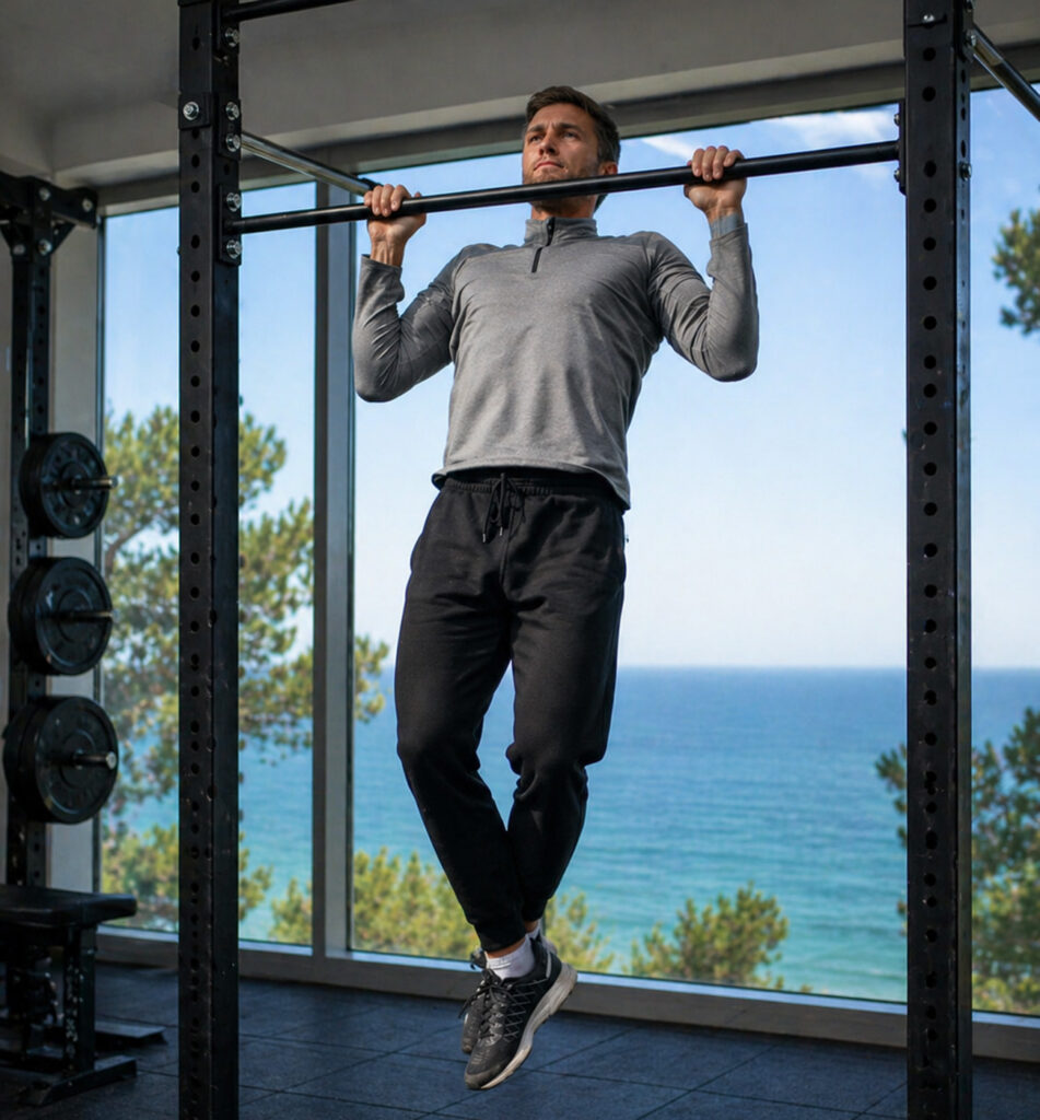 Man performing pull-ups by ocean window, side view